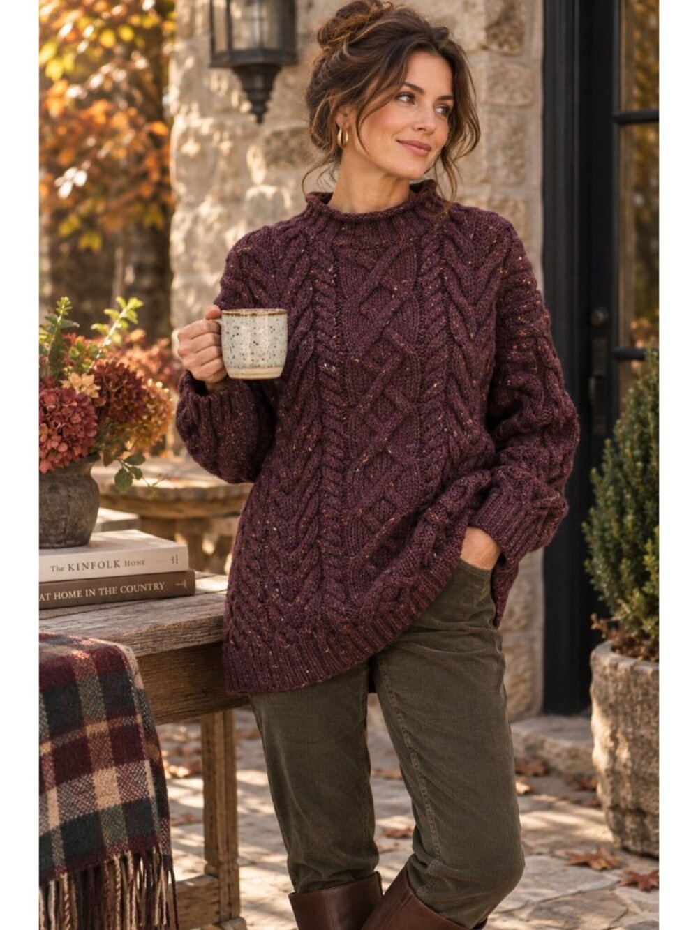 Vintage Lands’ End Women’s M Plum Purple Donegal Cable Knit Wool Sweater